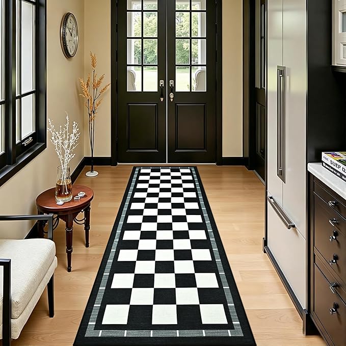 Jute Checkered Runner Rug, 2x6 Outdoor Runner Rugs, Washable Hallway Runner | Farmhouse Runner Carpet Non-Slip Kitchen Mat, Modern Checkerboard Indoor Outdoor Carpets for Porch Laundry, Black and White