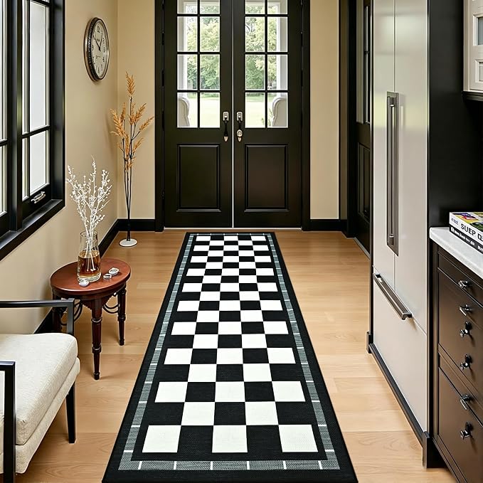 2.5x8 Jute Checkered Runner Rugs, Outdoor Runner Rug, Washable Hallway Rug | Patio Porch Balcony Runners Indoor Bedroom Kitchen Laundry Mat, Non Slip Plaid Farmhouse Carpet, Black and White