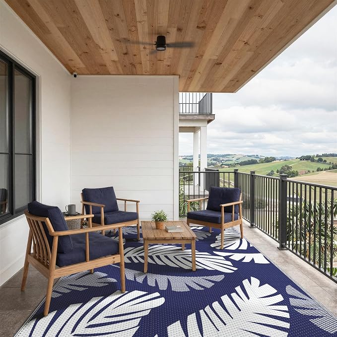 GENIMO Outdoor Rug, Waterproof Plastic Rugs for Patio, 6'x9' Blue White | Outside Larger Leaf Carpet Mat for Porch Decor, Deck, Balcony, Camping, RV, Backyard, Picnic, Beach, Reversible, Foldable