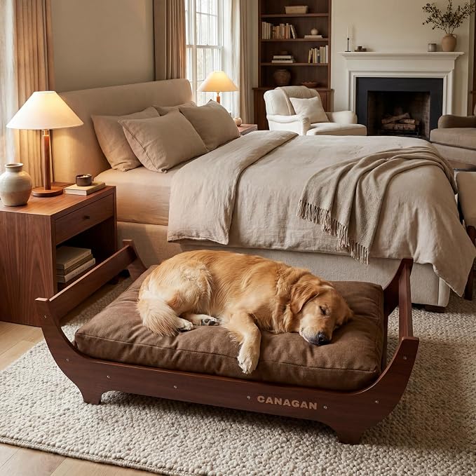 CANAGAN Elevated Wooden Dog Bed with Cushion, Walnut, Large | Raised Dog Couch Bed with a Washable Cover and Plush PP-Filled Cushion, Designed for Large Dogs and Stylish Indoor Living