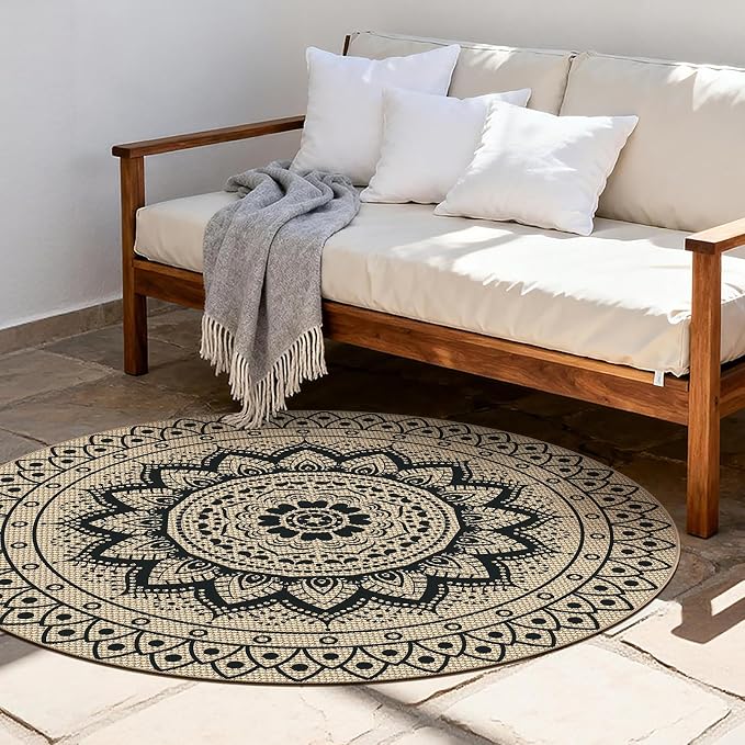 Faux Jute Outdoor Round Rug, 5ft Washable Indoor Outdoor Patio Rug, Black Non Slip Round Area Rug Farmhouse, Boho Carpet for Backyard Patio