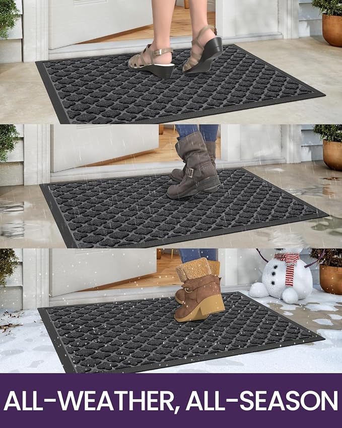 DEXI Front Door Mat Outside Entrance, 17x30 Heavy Duty Entry Doormat Dirt Trapper with Rubber Back, Non Slip Low Profile Floor Mats for Entryway Exterior Patio, Floral Black