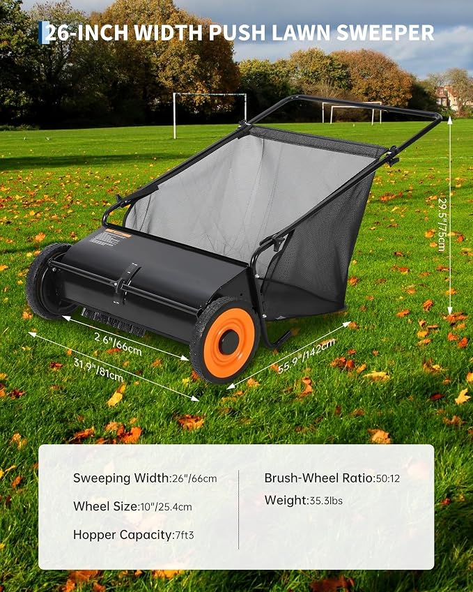 26-Inch Push Lawn Sweeper, 7 Cu. Ft. Hopper Capacity Leaf & Grass Collector | 4 Spinning Brushes, Adjustable Brush Height, Heavy Duty Steel Frame, Manual Yard Sweeper for Leaves & Grass Clippings, Black