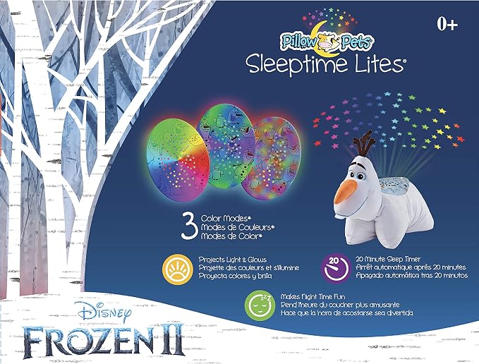 Pillow Pets Disney Frozen Olaf, 11" Sleeptime Lite | Plush Pillow and Night Light in One, Projects Rainbow Stars, 3 Light Modes, 20-Minute Auto-Off Timer, BPA Free