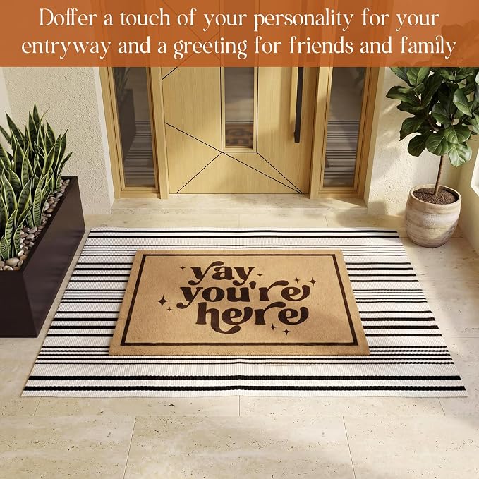 2 Pcs Outdoor Door Mat Combo Set Layered Outdoor Rug and Coir Welcome Doormat Non Slip Outside Floor Mat for Front Porch Entryway Patio Yard Decor(Yay You're Here,24'' X 51',18'' X 28'')