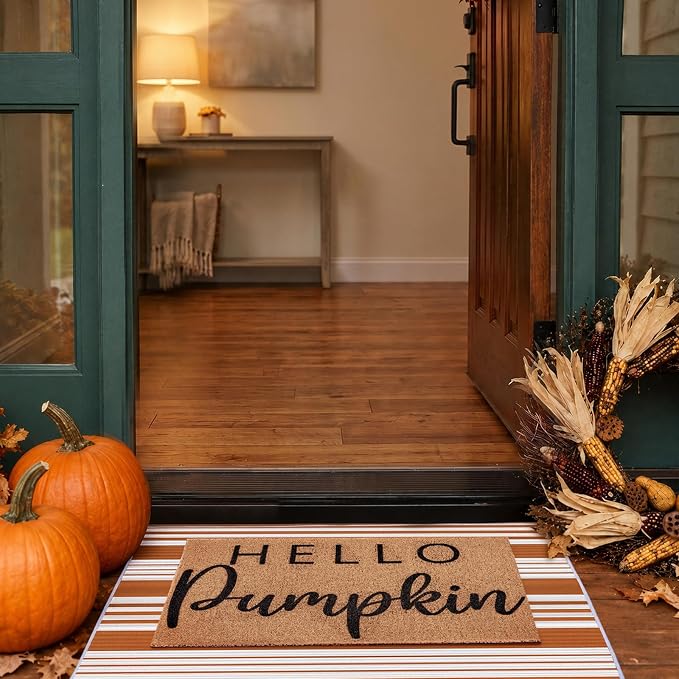 2pcs Fall Hello Pumpkin Doormats Layered Autumn Front Porch Welcome Mat and Striped Crystal Velvet Layering Rug Non Slip Outdoor Entryway Flooring Decor for Thanksgiving