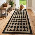 Washable Checkered Easy Jute Runner Rug 2x8, Black Checkerboard Geometric Modern Outdoor Indoor Patio Rug, 8ft Woven Non Slip Thin Neutral Long Runner Carpet for Hallway Kitchen Entryway Porch