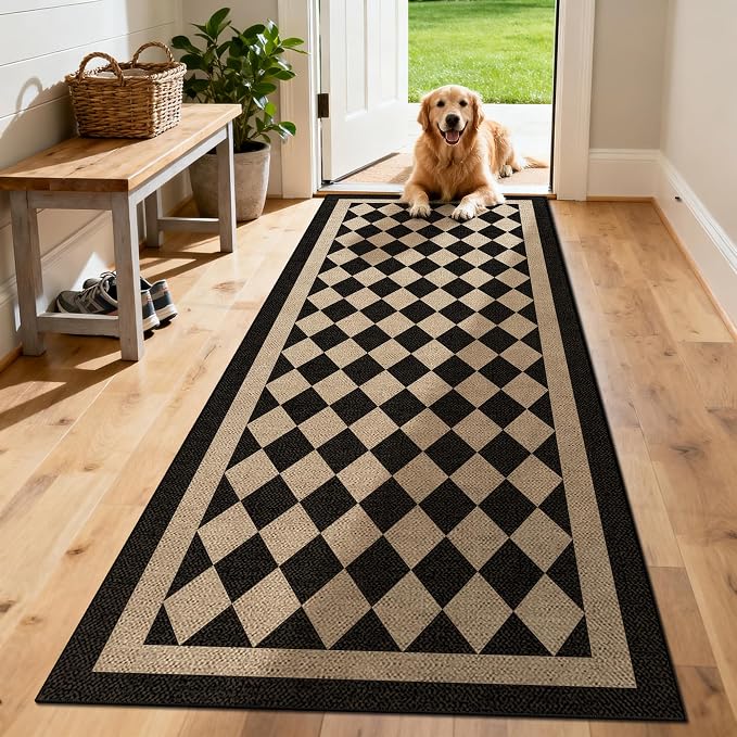 Washable Checkered Easy Jute Runner Rug 2x8, Black Checkerboard Geometric Modern Outdoor Indoor Patio Rug, 8ft Woven Non Slip Thin Neutral Long Runner Carpet for Hallway Kitchen Entryway Porch