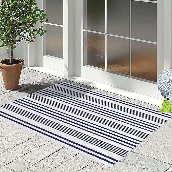 Blue and White Striped Outdoor Rug 24'' x 35'' Door Mat Outdoor Machine Washable Welcome Mats Cotton Hand-Woven Entryway Rug for Front Porch/Entryway/Laundry/Bathroom/Bedroom