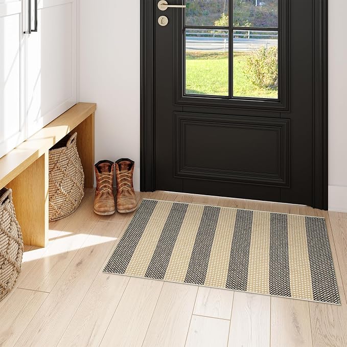 OJIA Front Door Mat Outside Entrance 24"x35" Outdoor Doormat Welcome Mat | Tan Front Door Rug Woven Striped Outdoor Rugs Entryway Rugs Indoor Small Area Rug for Kitchen Entry Bathroom Porch Decor
