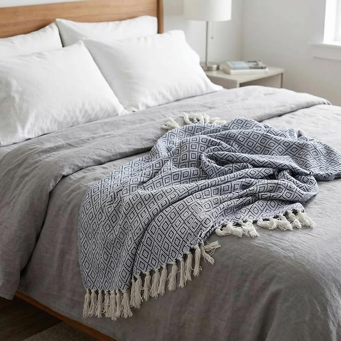Americanflat 50x60 Throw Blanket - Soft and Breathable Cotton Throw Blanket for Couch, Bed, Chair - Decorative Blankets Perfect for Home or Outdoor Use - Navy Blue and White Double Diamond Design