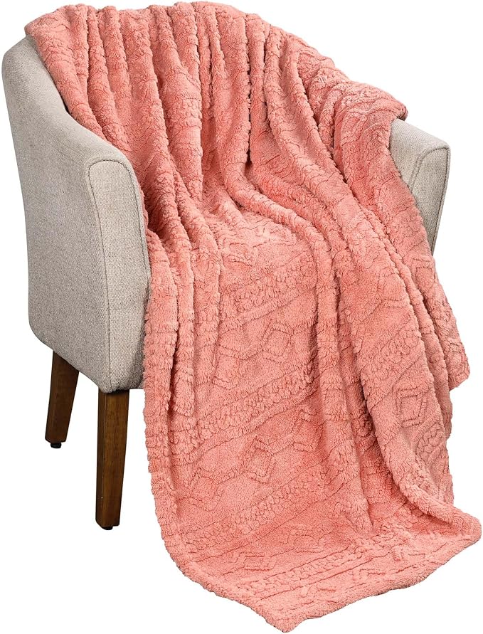 SUPERIOR Fleece Boho Jacquard Blanket, Decorative Blankets for Bedroom, Sofa, Fuzzy, Plush, Fluffy, Soft, Cute Room Decor, Beautiful Cover, Comfort Essentials, Arctic Collection, Full/Queen, Blush