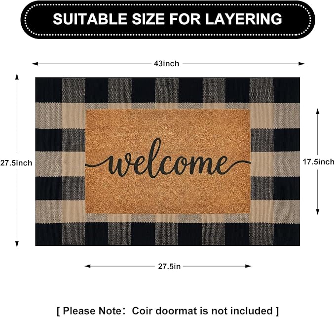 Uphome Bufflo Plaid Outdoor Rug 2'x3', Small Black Natural Checkered Front Door Mat for Fall Decor, Indoor Outdoor Farmhouse Cotton Porch Rug for Layered Door Mats, Washable Area Rugs for Entryway