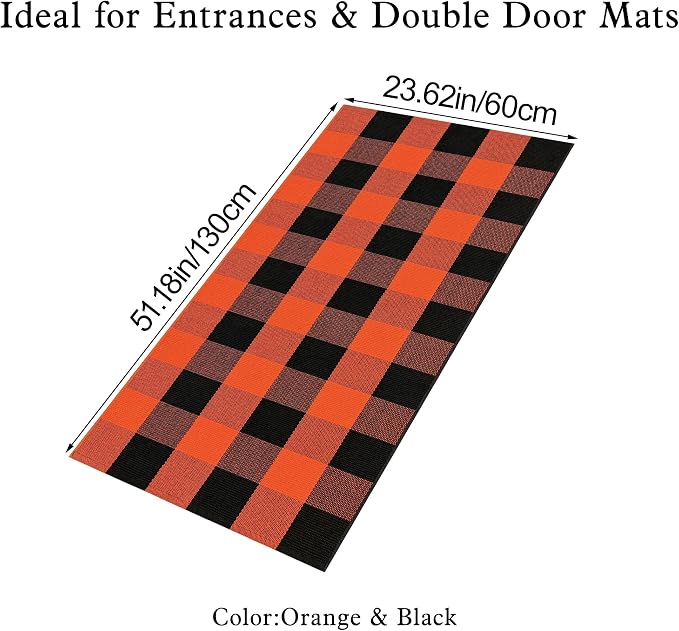 Buffalo Plaid Outdoor Rug Orange and Black 2x4.3 Cotton Woven Checkered Rug Washable Halloween Front Porch Rug Layered Fall Outdoor Mats for Front Door Autumn Farmhouse Entryway Patio Decor