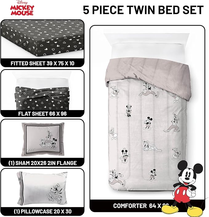 Disney Mickey Mouse and Friends Twin Comforter Set 5 Piece Bedding, Beige | Minnie Donald Goofy, Bed in a Bag, Comforter Sheets Sham Pillowcase, Official Product, Soft Microfiber, Machine Washable