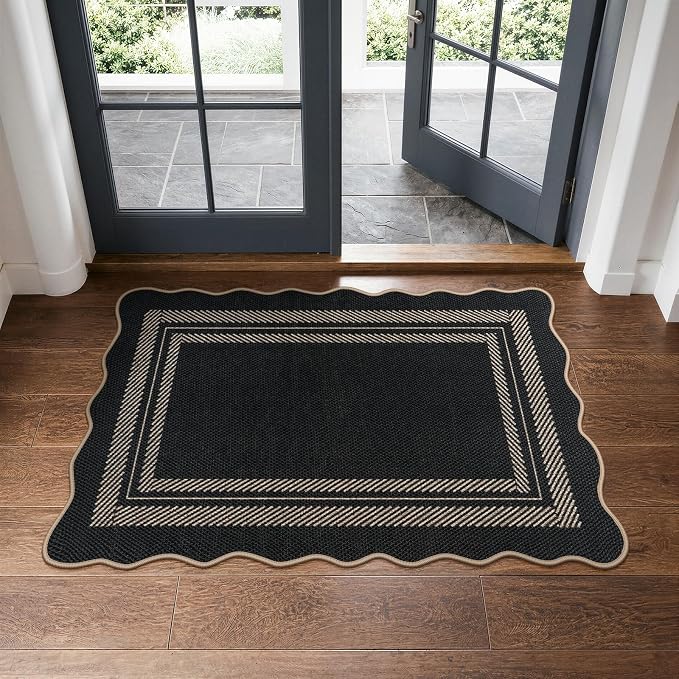 LIVEBOX Scalloped Easy Jute 2x3 Front Door Mat Black Kitchen Rug, Washable Small Indoor Outdoor Rug for Entryway, Tan Non Slip Farmhouse Area Rugs, Neutral Carpet Doormat for Porch Doorway Foyer
