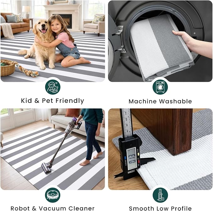 KOZYFLY Striped Rug 2.3x3.6 ft Front Door Rugs Gray White Cotton Woven Washable Indoor Outdoor Rug for Entryway Porch Kitchen Patio Decor Striped Layered Doormats
