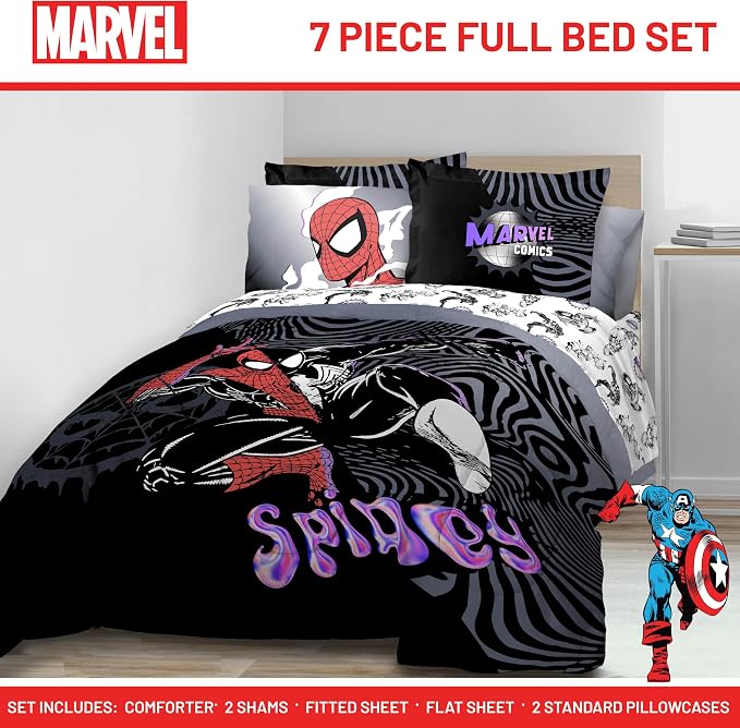 Marvel Comics Spiderman Full Size Comforter Set 7 Piece Bedding, Black | Venom, Bed in a Bag, Comforter Sheets Shams Pillowcases, Official Product, Soft Microfiber, Machine Washable, Boys Gift