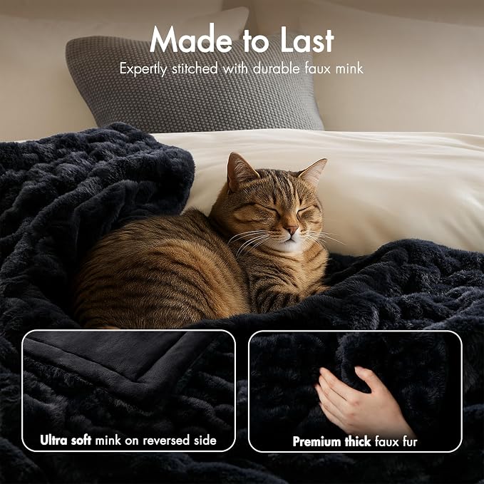 Madison Park Ruched Fur Throw Faux Fur Blanket for Sofa, 50" x 60", Black | Luxury, Premium, Soft Cozy Brushed Long Pile, All Season Plush Modern OEKO- TEX Certification Warm For Bed, Couch or Sofa