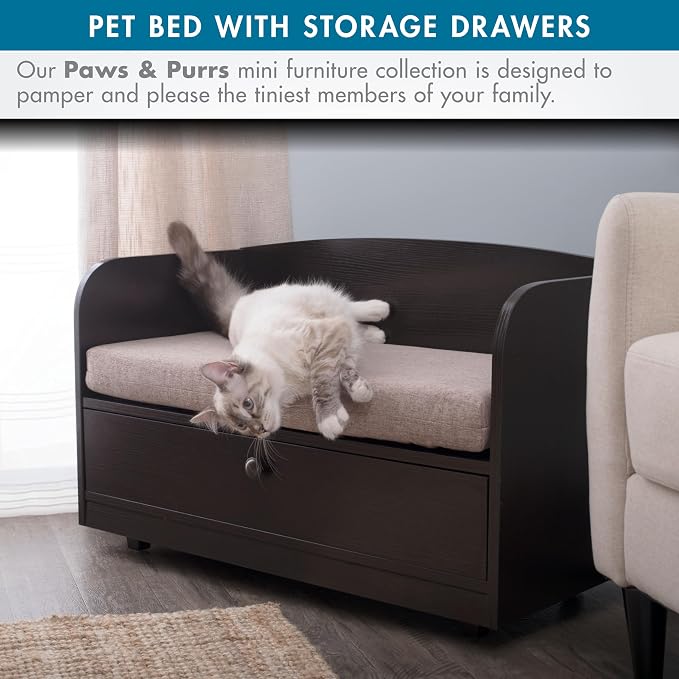 Paws & Purrs Cat Sofa Bed with Storage Drawer, Espresso Finish, 31.5″ x 15.75″ x 19.25″ | 3″ Foam Cushion with Washable Cover | Fits Dogs and Pets up to 50 lb