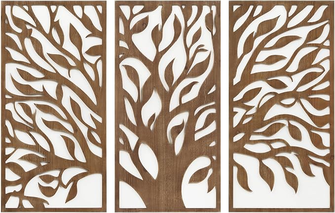 Madison Park Wall Décor for Living Room - Birch Botanical Two-Tone, Home Accent Modern Kitchen Dining Decoration, Ready to Hang 3-Piece Wood Panel Set for Bedroom, 16"W x 32"H, Tree of Life