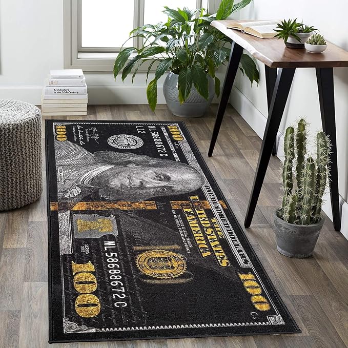 HUAHOO Black Money Rugs 100 Dollar Bill Cool Area Rug Door Mat Runner for Living Room Bedroom Indoor Outdoor Rug (31.5" x 78.7")