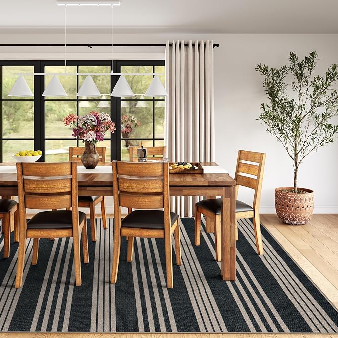 Lahome Striped Easy Jute Living Room Rug, 8x10 Outdoor Patio Rugs Washable | Black Indoor Dining Room Area Rug, Modern Farmhouse Geometric Non Slip Non Shedding Carpet for Deck Office Backyard Mudroom