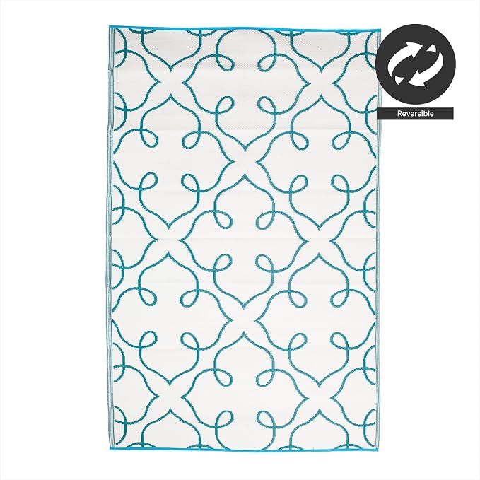 FH Home Outdoor Camping Rug - Waterproof, Fade Resistant, Reversible - Premium Recycled Plastic - Moroccan Lattice Tile - Large Patio, Deck, Sunroom, RV - Syracuse - Sea Green - 9 x 12 ft Foldable