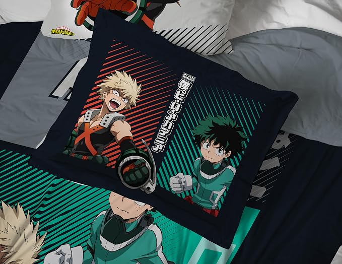 My Hero Academia Deku Full Comforter Set 7 Piece Anime Bedding, Black | Bed in a Bag, Comforter Sheets Shams Pillowcases, Official Product, Soft Microfiber, Machine Washable, Kids Gift