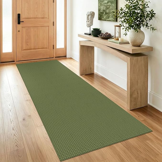IOHOUZE Washable Runner Rug 3x8 Non Slip Rubber Backed Wide Hallway Runner Entryway Runner Indoor, Kitchen Rugs Woven Floor Carpet for Hall Entrance Bedroom, Olive Green/Earthy Green