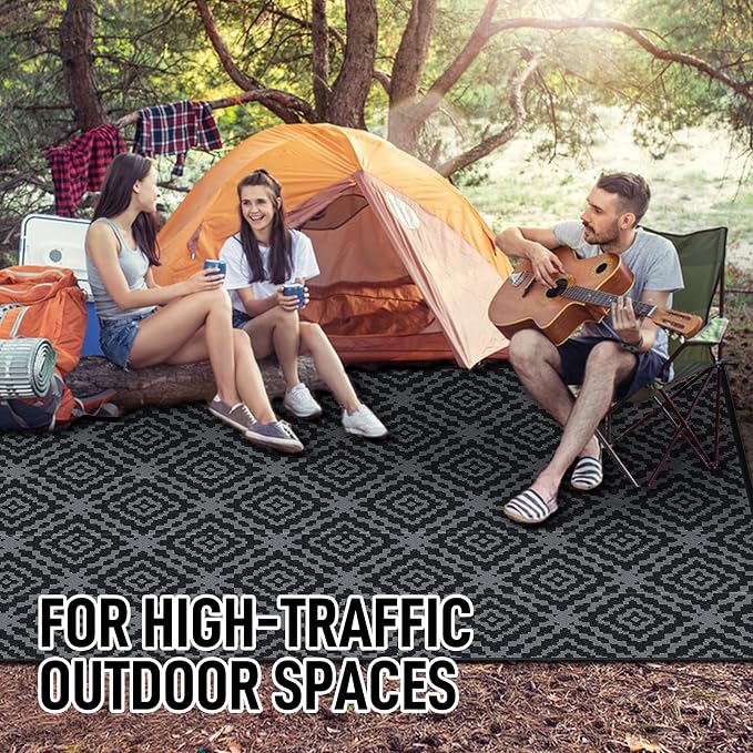 GOTGELIF Outdoor Camping Rug Waterproof 9x12FT, Large Reversible Stain&UV Resistant Plastic Straw RV Rug for Outside Patio Pool Deck Beach Indoor, Area Carpet Mat with Portable Bag&4 Stakes-Black Grey
