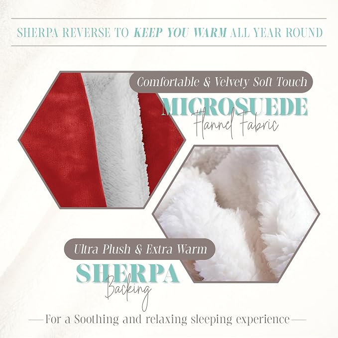 Elegant Comfort Throw Blanket, Reversible Sherpa Flannel, Ultra-Soft, Fuzzy, Cozy and Plush- All Season Lightweight Decorative Throw, 50 x 60 inches, Solid Sherpa Throw, Red