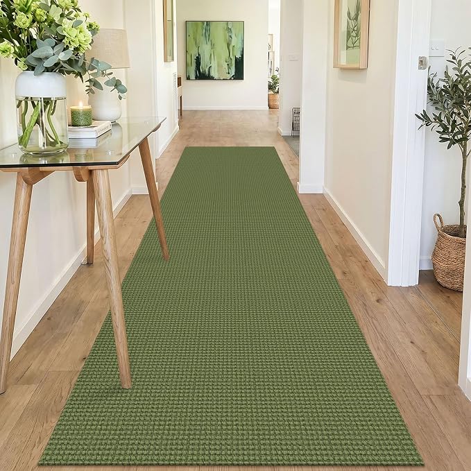 IOHOUZE Washable Runner Rug 3x10 Non Slip Rubber Backed Long Hallway Runner Entryway Runner Indoor, Kitchen Rugs Woven Cotton Floor Carpet for Hall Entrance, Olive Green/Earthy Green