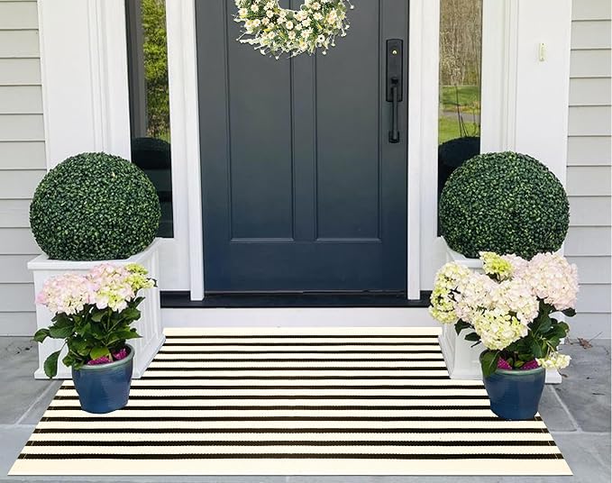 Washable Proch Rug 2.3'X3.6',Beige and Black Entryway Rug Cotton Woven Bathroom Rugs Front Porch Decor for Bedroom/Home Entrance/Front Porch