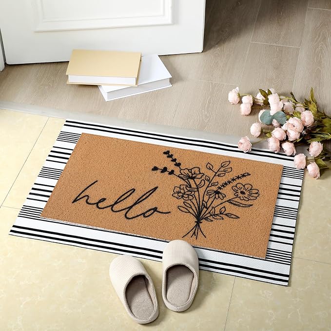Tinideya 2 Pcs Farmhouse Welcome Mats for Front Door, Hello Floral Layered Doormat Set with Black White Striped Rug, Front Porch Rug Set for Entryway Patio Outdoor Decor