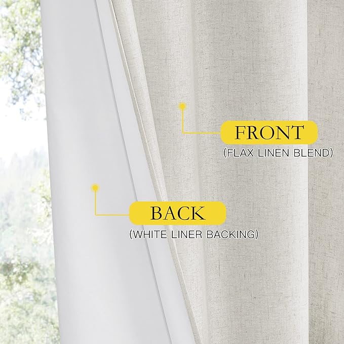 NICETOWN 100% Absolutely Blackout Linen Curtains with Thermal Insulated White Liner, Ivory, 52" Wide, 2 Pieces, Privacy Vertical Window Drapes for Office Laundry Living Room Windows 84 inch Long