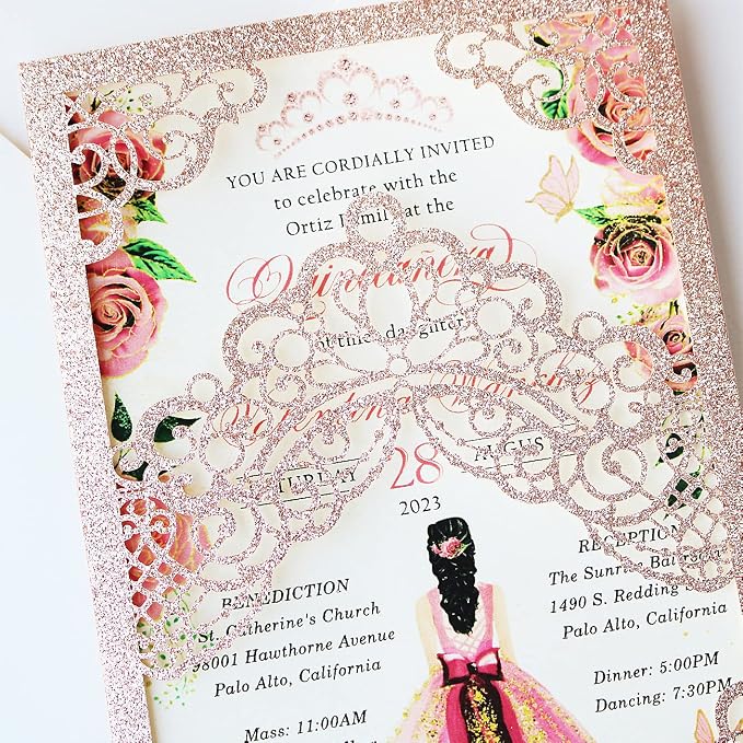 Hosmsua 50PCS 5.1x7.3 Inch Blank Rose Gold Glitter Quinceanera Invitations Kit Laser Cut Floral Crown Pocket Quinceanera Invitation Cards with Envelopes for Birthday Quince Anos Invite