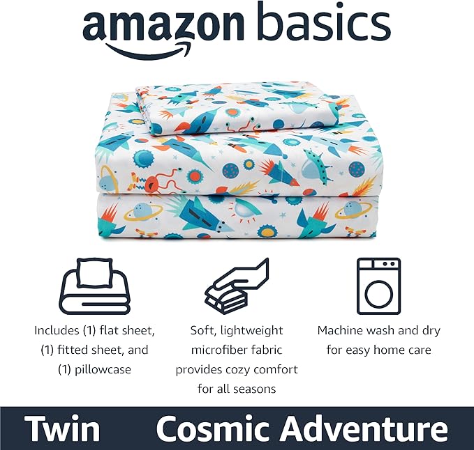 Amazon Basics Microfiber Kids' Sheet Set with Pillowcase, 3-Piece, Twin, Cosmic Adventure
