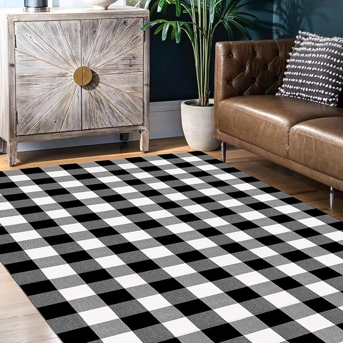 SEEKSEE Buffalo Plaid Rug 5' x 8' Black and White Area Rug, Washable Cotton Indoor Living Room Kitchen Dining Room Home Office Layering Rug Outdoor Patio Entryway Decor