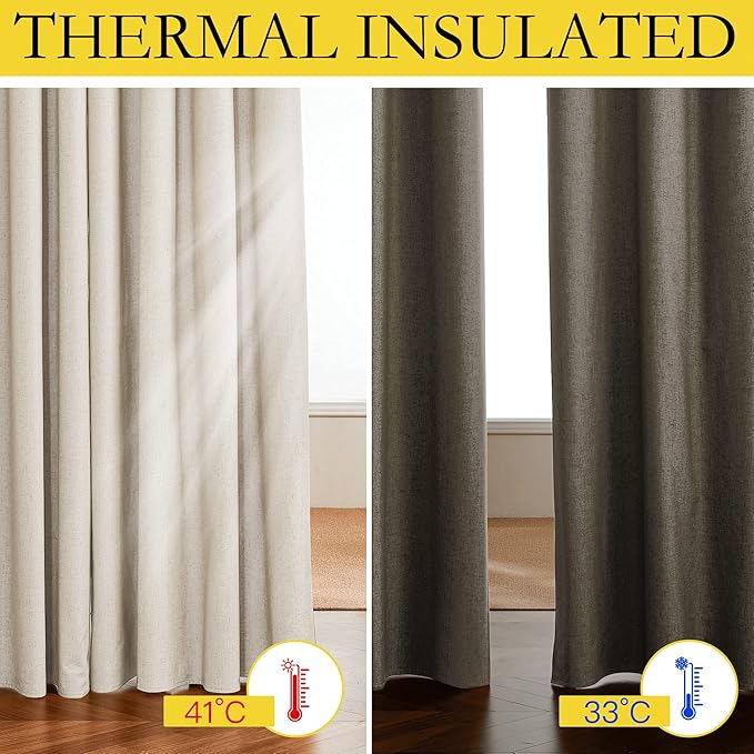 NICETOWN 100% Blackout Linen Texture Curtains 90 inches Long, Beige, 2 Panels, Thermal Insulated Full Blackout 2-Layer Lined Drapes, Energy Efficiency Window Draperies for Boy's Room