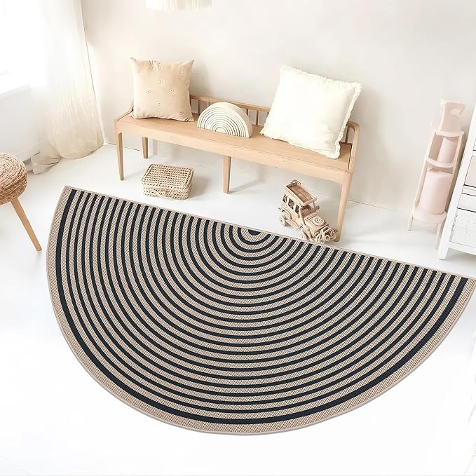 Easy Jute Rainbow Rug 3x6Ft Half Circle Doormat Neutral Faux Jute Carpet for Farmhouse Bedroom Entrance Balcony, Nonslip Half Round Floor Mat for Living Room Patio Kitchen, Outdoor, Black 3