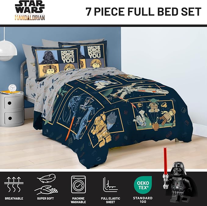 Jay Franco Kids Comforter Set Includes Sheets and Pillow Covers - Soft and Cozy Bed Set for Stylish Room Decor, Official Licensed Bedding, Blue - LEGO®, 7 Piece Full