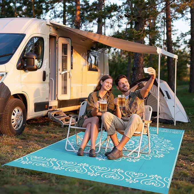 Pauwer Outdoor Rug 5x8, Waterproof Plastic Straw Camping Rug, Floral Teal | Reversible Patio Rug, UV Resistant Indoor Outdoor RV Mat Carpet For Deck, Camper, Porch, Balcony, Backyard, Picnic, Foldable