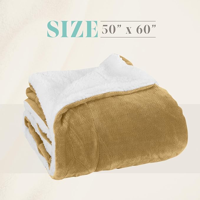 Elegant Comfort Reversible and Ultra-Plush Flannel Fleece Sherpa Throw- Lightweight Soft and Cozy- All Season Decorative Throw, Perfect for Lounging, 50 x 60 inches, Gold