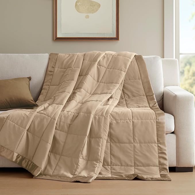 Madison Park Down Alternative King Size Blanket for Bed, Satin Trim, Brown | Lightweight Windom Blanket Premium 3M Scotchgard Moisture Wicking Treatment, OEKO TEX, Soft Bed Cover, All Season