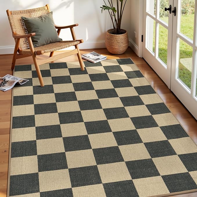 Lessymo Checkered Entryway Rug, 3x5 Washable Area Rugs for Living Room | Easy Jute Carpet for Outdoor Patio, Non Slip Indoor Door Mat for Entry Front Door Guestroom Deck, Diamond Black/Beige