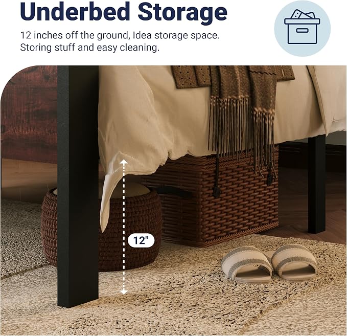 Allewie Twin Size Bed Frame, Heavy Duty 12 Metal Slats Support, Mahogany | Wooden Headboard and Footboard, Modern Platform Bed, No Box Spring Needed, Under-Bed Storage, Noise Free, Easy Assembly