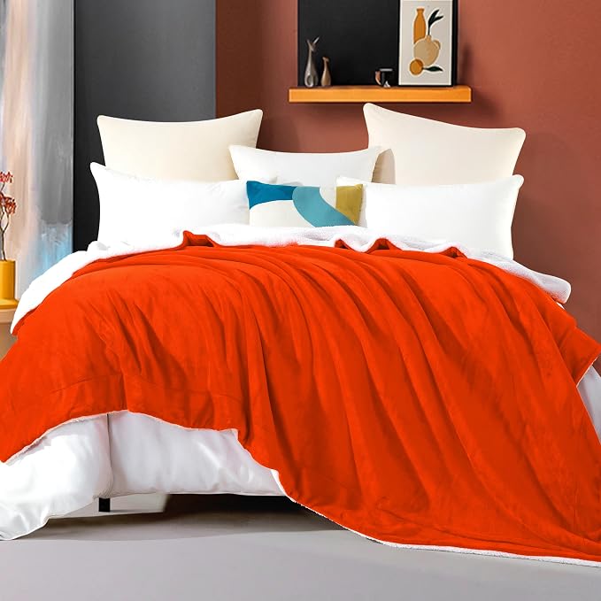Elegant Comfort Ultra Soft Reversible Flannel Sherpa Blanket - Cozy Silky Fleece Throw for Couch, Bed - Plush Fuzzy Warm Winter Blanket for Gift, Queen, Orange