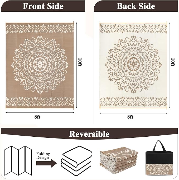 Pauwer Outdoor Rug 8x10, Waterproof Plastic Straw Camping Rug, Floral Brown | Reversible Patio Rug, UV Resistant Indoor Outdoor RV Mat Carpet For Deck, Camper, Porch, Balcony, Backyard, Picnic, Foldable