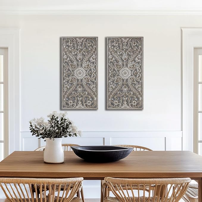 Madison Park Wall Décor for Living Room - Botanical Panel, Home Accent Modern Kitchen Dining Decoration, Ready to Hang 2-Piece Distressed Carved Wood Panel Set for Bedroom, 15.75"W x 31.50"H, Antique Green